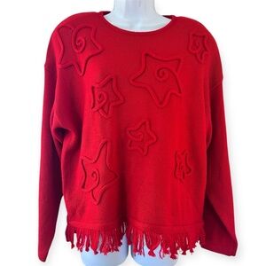 L’EAU VIVE  80s Red 3D Knit Stars Fringe Hem Sweater Size M